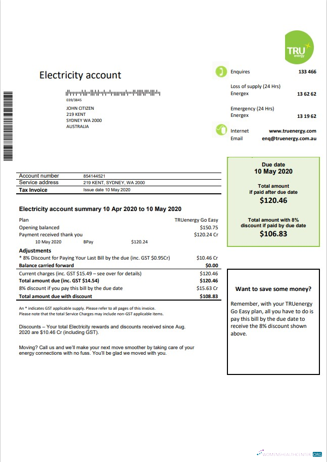 download Australia Tru Energy electricity utility bill template in Word and PDF format PDF template